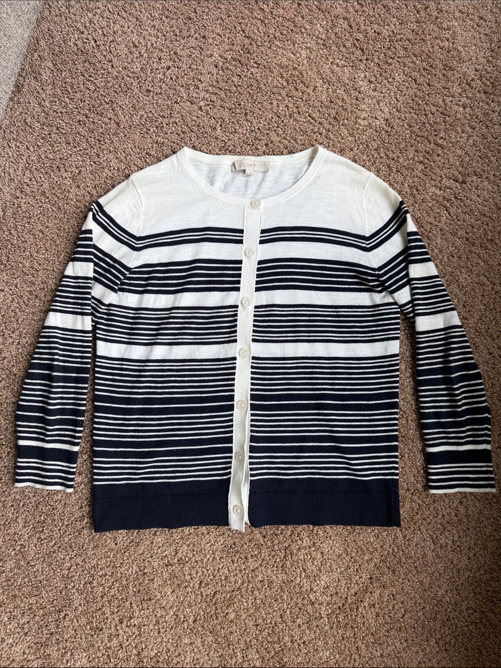 LOFT Navy and White Striped Button-Up Cardigan Size M